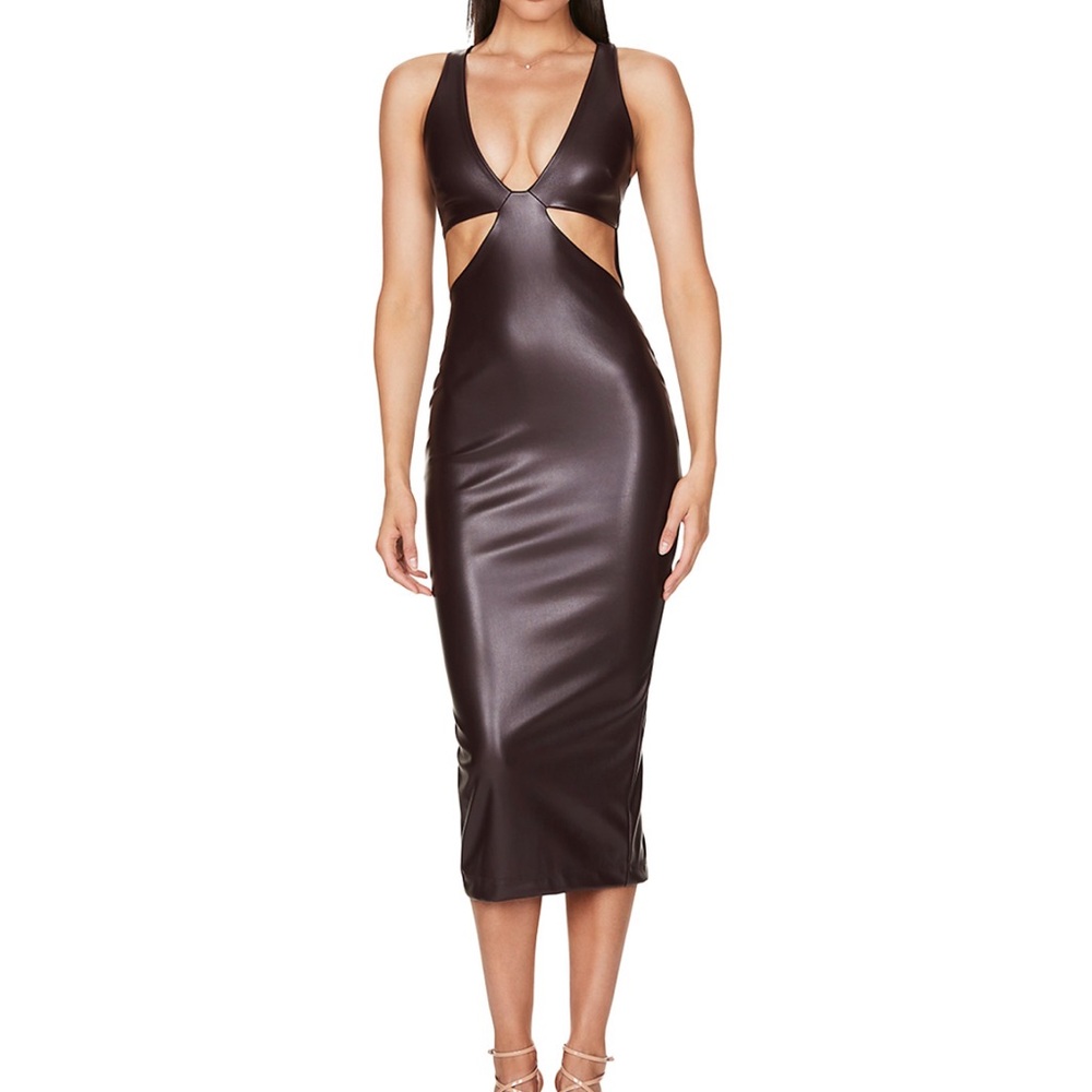 nookie alexia cut out faux leather midi dress